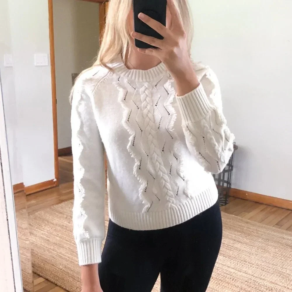 NEW Rails Francis Knit Lace Crew Neck Wool Cashmere Sweater in Ivory Women's XS - Picture 1 of 6